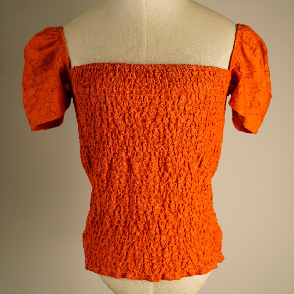 Express One Eleven Orange Smocked Top with Puff Sleeves Size S